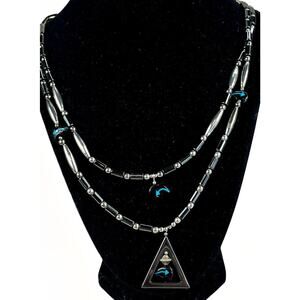 Sterling Silver Navajo Turquoise Spirit Bear Pendant Hematite Beaded Necklace